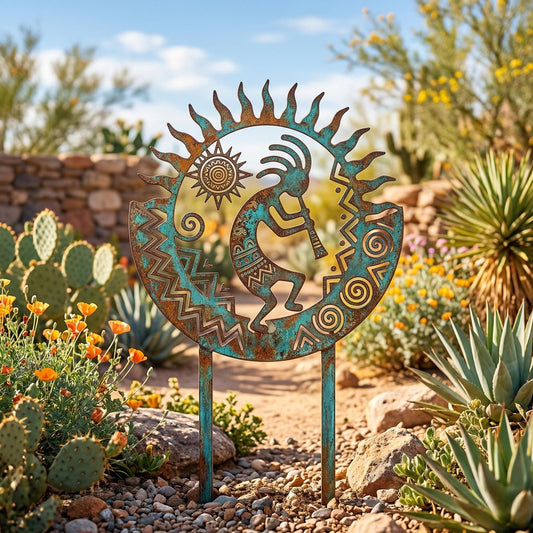 Kokopelli Metal Garden Stake – Southwestern Sun Patina Yard Art, Gift For Desert Cactus Garden Or Rock Bed
