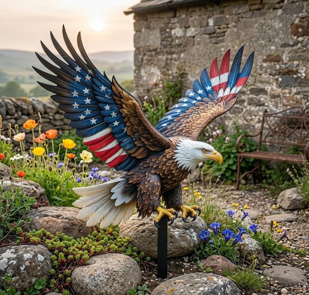 Patriotic Bald Eagle Garden Stake, American Flag Wing Decor – Rustic Yard Art, Gift For Veteran
