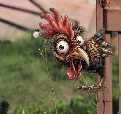 Funny Chicken Metal Fence Peeker – Crazy Rooster Yard Art, Gift For Farmhouse Garden Or Chicken Lover