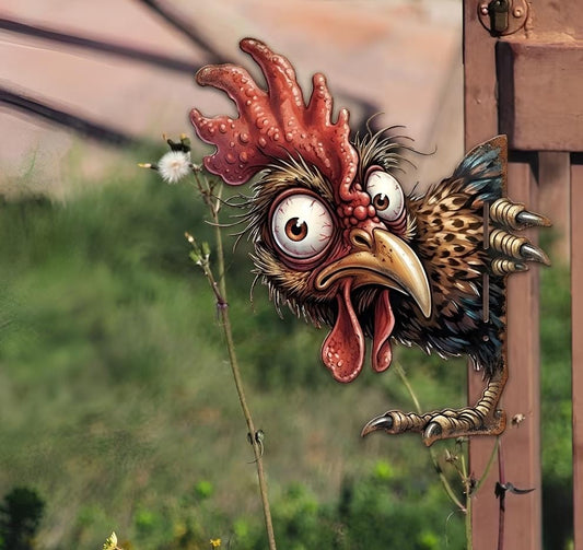 Funny Chicken Metal Fence Peeker – Crazy Rooster Yard Art, Gift For Farmhouse Garden Or Chicken Lover