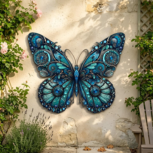 Butterfly Metal Wall Art – Ornate Blue Mandala Garden Decor, Gift For Butterfly Lovers