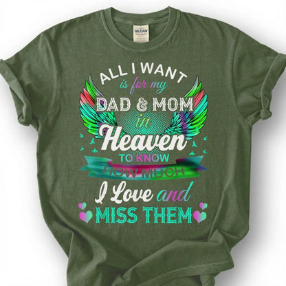 Dad And Mom In Heaven Shirt, Colorful Angel Wing Memorial Tee, Grieving Child Remembrance T-Shirt, Loss Of Both Parents Tribute Top