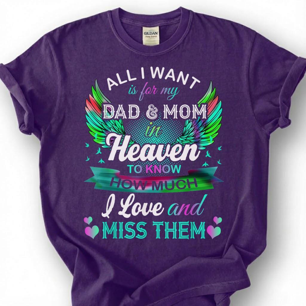 Dad And Mom In Heaven Shirt, Colorful Angel Wing Memorial Tee, Grieving Child Remembrance T-Shirt, Loss Of Both Parents Tribute Top