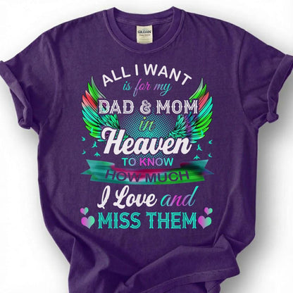 Dad And Mom In Heaven Shirt, Colorful Angel Wing Memorial Tee, Grieving Child Remembrance T-Shirt, Loss Of Both Parents Tribute Top