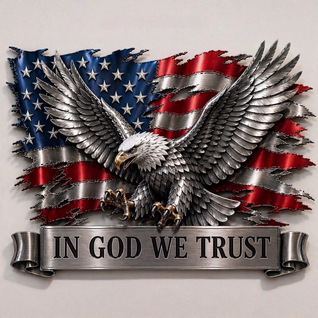 American Flag Eagle Metal Wall Art – In God We Trust Patriotic Sign, Veteran Gift