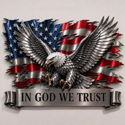 American Flag Eagle Metal Wall Art – In God We Trust Patriotic Sign, Veteran Gift