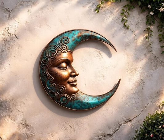 Crescent Moon Face Metal Wall Art – Verdigris Patina Celestial Sign, Gift For Boho Home Decor Lover