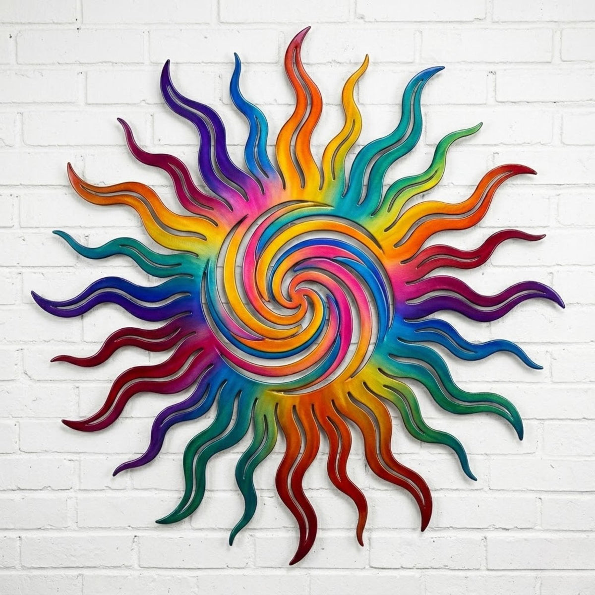 Rainbow Swirl Sun Metal Wall Art – Colorful Celestial Sunburst Decor, Boho Housewarming Gift
