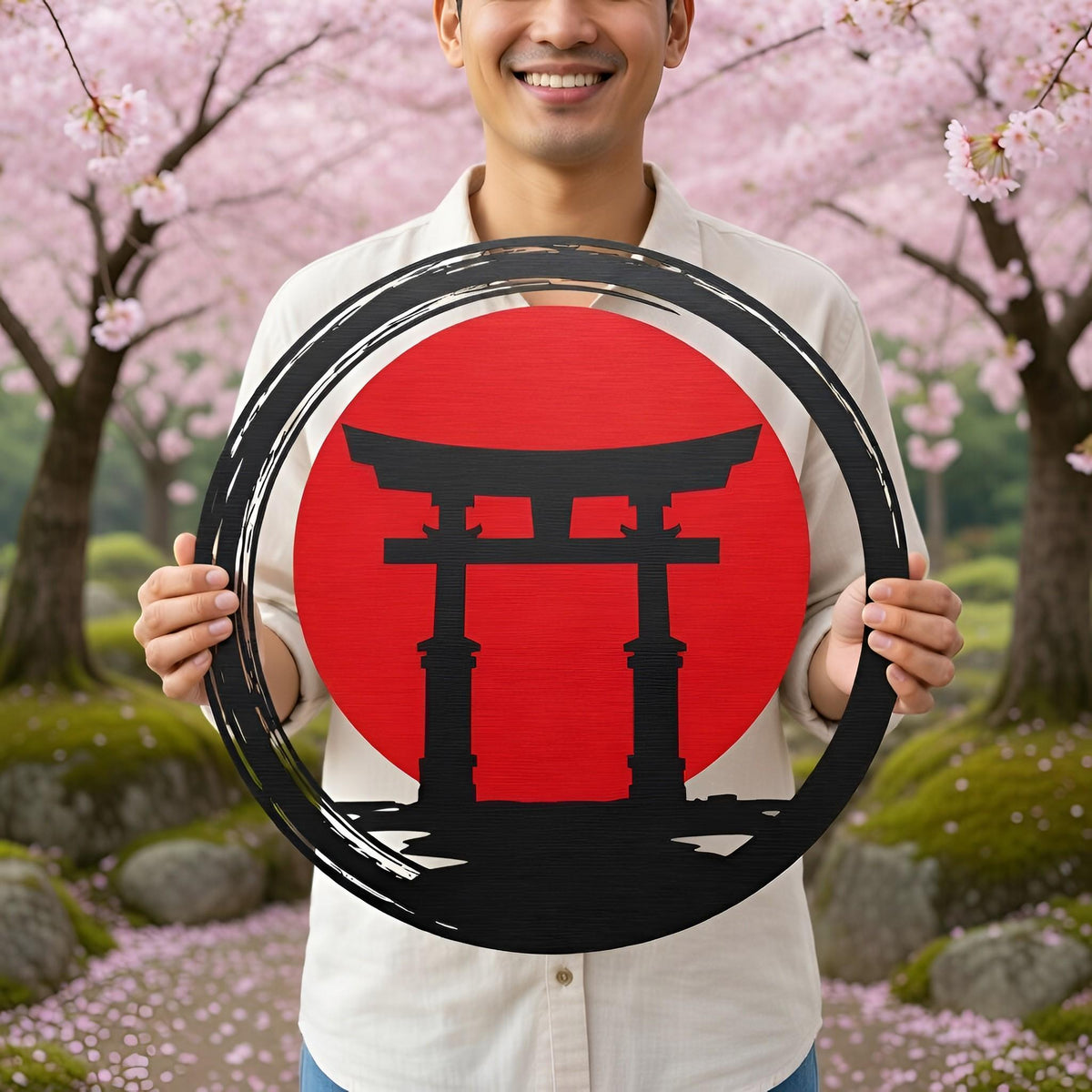 Japanese Torii Gate Metal Wall Art – Red Sun Enso Zen Sign, Gift For Japanese Garden Or Asian Decor
