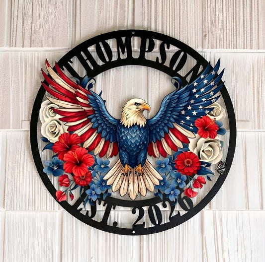 Personalized American Eagle Family Name Sign – Custom Metal Outdoor Decor, Housewarming Gift
