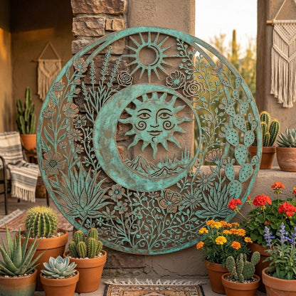 Celestial Sun And Moon Face Metal Wall Art – Southwest Desert Cactus Garden Sign, Gift For Boho Home Lovers