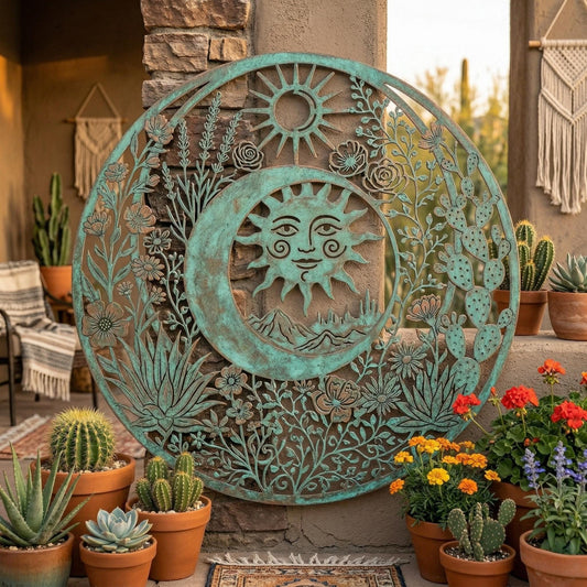 Celestial Sun And Moon Face Metal Wall Art – Southwest Desert Cactus Garden Sign, Gift For Boho Home Lovers