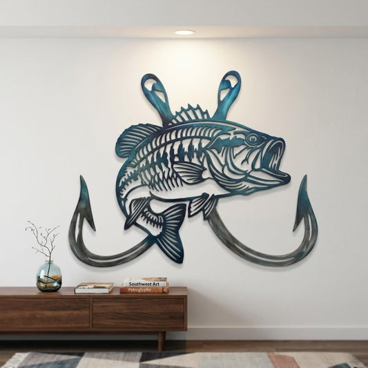 Bass Fish And Hook Metal Wall Art – Large Blue Patina Fishing Decor, Gift For Fisherman Cabin Or Lake House