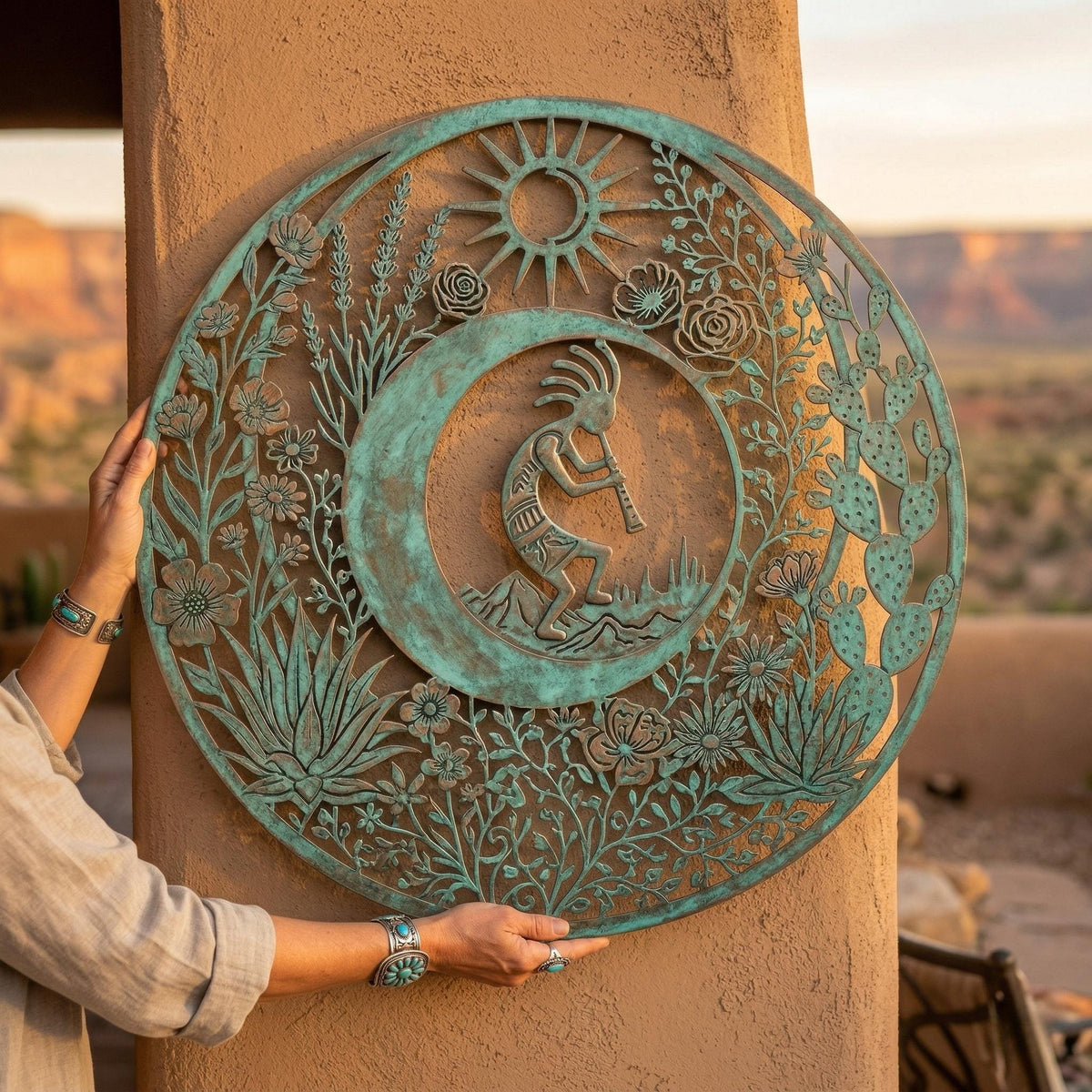 Kokopelli Sun And Moon Metal Wall Art – Large Patina Southwestern Round Decor, Gift For Boho Garden Or Adobe Home