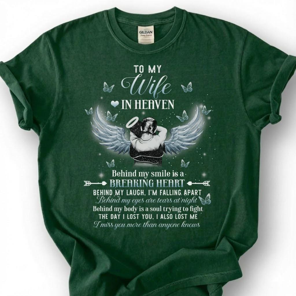 To My Wife In Heaven Breaking Heart Shirt, Angel Wing Halo Butterfly Tee, Grieving Husband Memorial T-Shirt, Loss Of Wife Remembrance Top