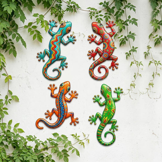 Colorful Gecko Metal Wall Art Set – Talavera Style Lizard Garden Decor, Gift For Patio Fence Or Tropical Home