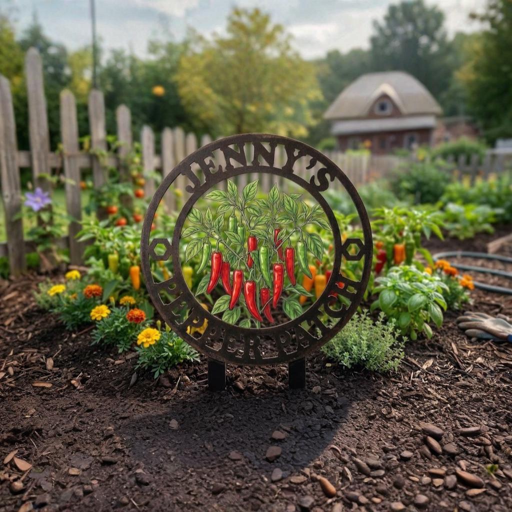 Personalized Pepper Patch Garden Sign – Custom Name Metal Chili Garden Stake, Gift For Vegetable Gardener