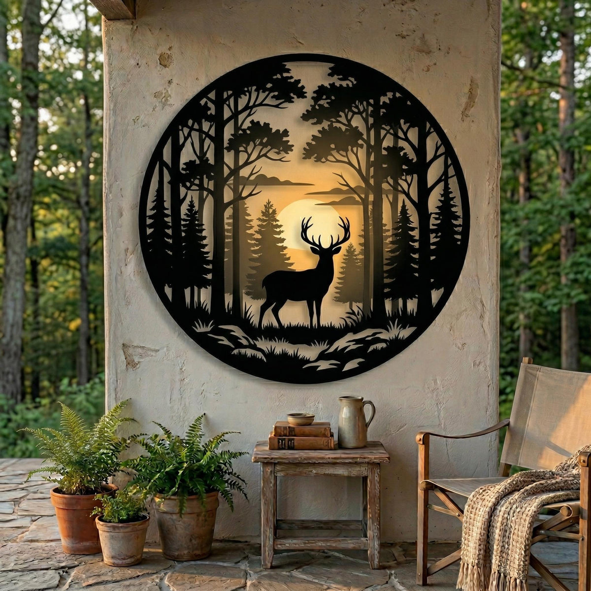 Deer In Forest Sunset Round Metal Wall Art – Pine Tree Woodland Scene, Gift For Cabin Hunter Or Nature Lover