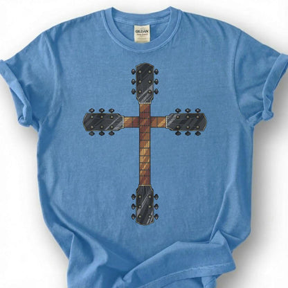 Guitar Neck Cross Shirt, Christian Guitarist T-Shirt, Worship Musician Headstock Faith Tee, Church Band Player Gift, Religious Music Unisex