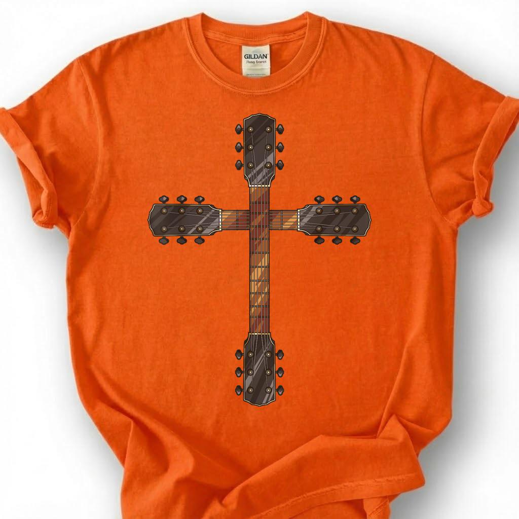 Guitar Neck Cross Shirt, Christian Guitarist T-Shirt, Worship Musician Headstock Faith Tee, Church Band Player Gift, Religious Music Unisex