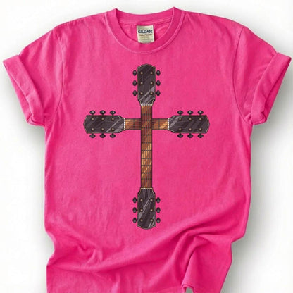 Guitar Neck Cross Shirt, Christian Guitarist T-Shirt, Worship Musician Headstock Faith Tee, Church Band Player Gift, Religious Music Unisex