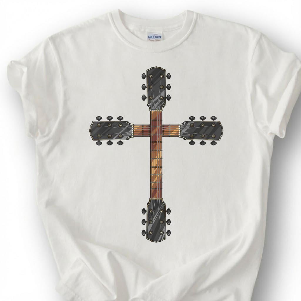 Guitar Neck Cross Shirt, Christian Guitarist T-Shirt, Worship Musician Headstock Faith Tee, Church Band Player Gift, Religious Music Unisex
