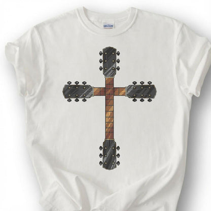 Guitar Neck Cross Shirt, Christian Guitarist T-Shirt, Worship Musician Headstock Faith Tee, Church Band Player Gift, Religious Music Unisex