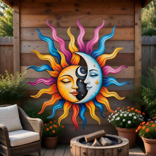 Sun And Moon Face Metal Wall Art – Colorful Celestial Patio Decor, Gift For Boho Home