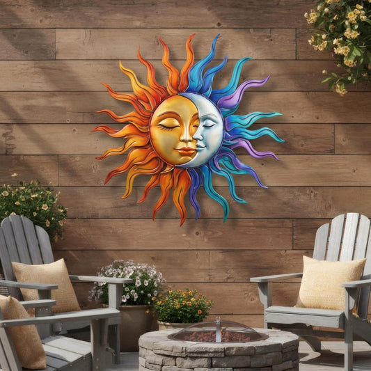 Boho Sun And Moon Metal Wall Art – Colorful Celestial Patio Decor, Gift For Boho Home Lover