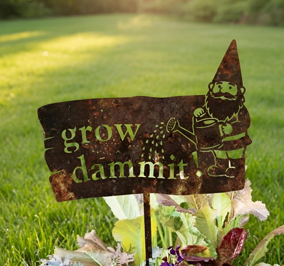Funny Grow Dammit Garden Gnome Sign – Rustic Humorous Yard Stake, Gift For Gardener