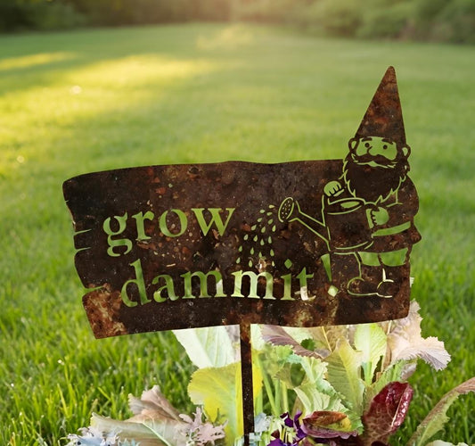 Funny Grow Dammit Garden Gnome Sign – Rustic Humorous Yard Stake, Gift For Gardener