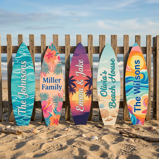 Personalized Surfboard Metal Sign – Custom Family Name Beach House Plaque, Gift For Coastal Home Or Surfer