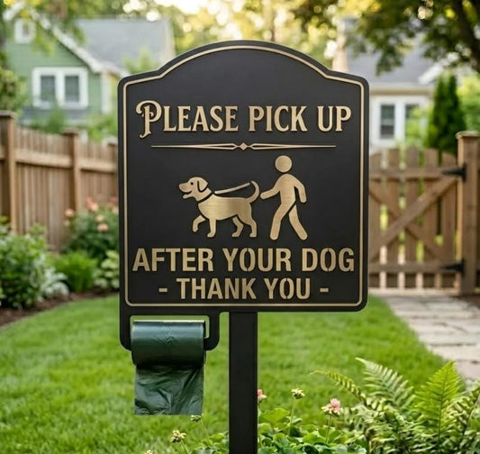 Please Pick Up After Your Dog Metal Sign – Yard Sign With Waste Bag Holder, Gift For Homeowner Or Dog Park