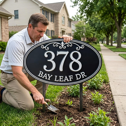 Personalized Address Sign – Custom House Number & Street Name Oval Yard Stake, Housewarming Gift