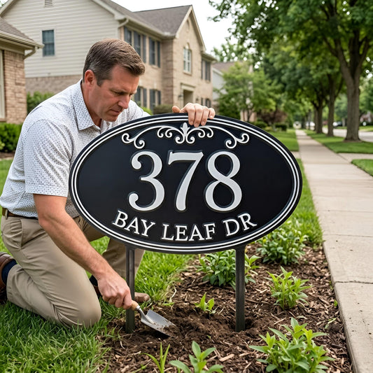 Personalized Address Sign – Custom House Number & Street Name Oval Yard Stake, Housewarming Gift