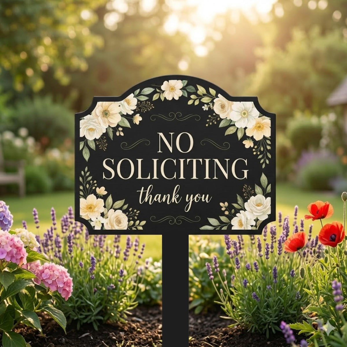 Floral No Soliciting Metal Yard Sign – Elegant Garden Stake, Front Door Decor