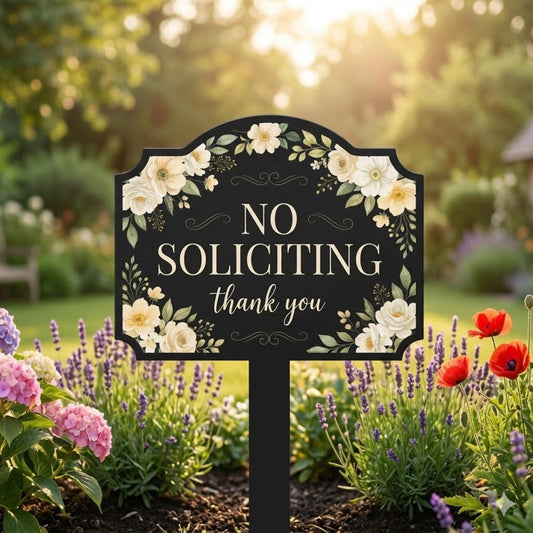 Floral No Soliciting Metal Yard Sign – Elegant Garden Stake, Front Door Decor