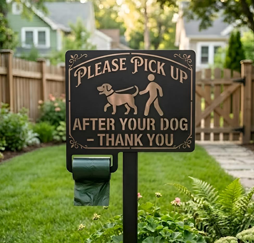 Please Pick Up After Your Dog Metal Sign – Vintage Pet Waste Bag Holder Yard Stake, Gift For Homeowner