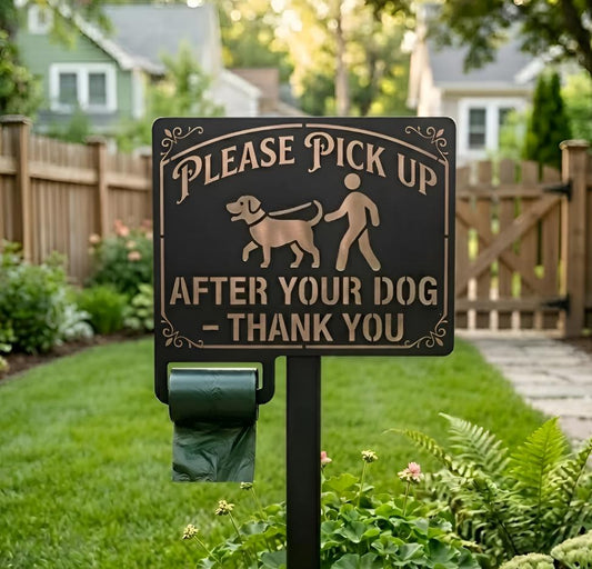 Please Pick Up After Your Dog Metal Sign – Vintage Pet Waste Bag Holder Yard Stake, Gift For Homeowner