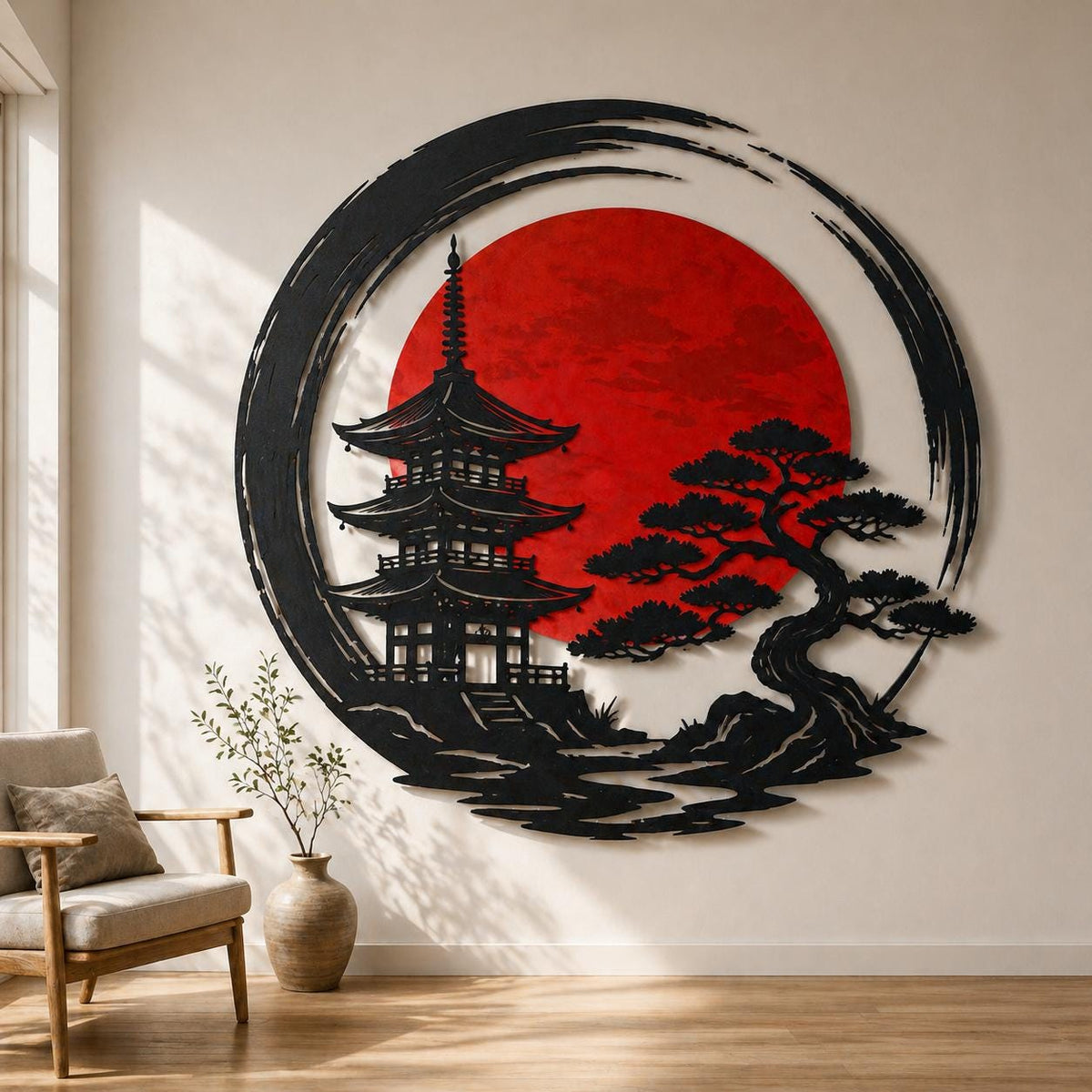 Pagoda & Bonsai Metal Wall Art – Japanese Red Sun Zen Decor, Gift For Asian Home Decor Lovers