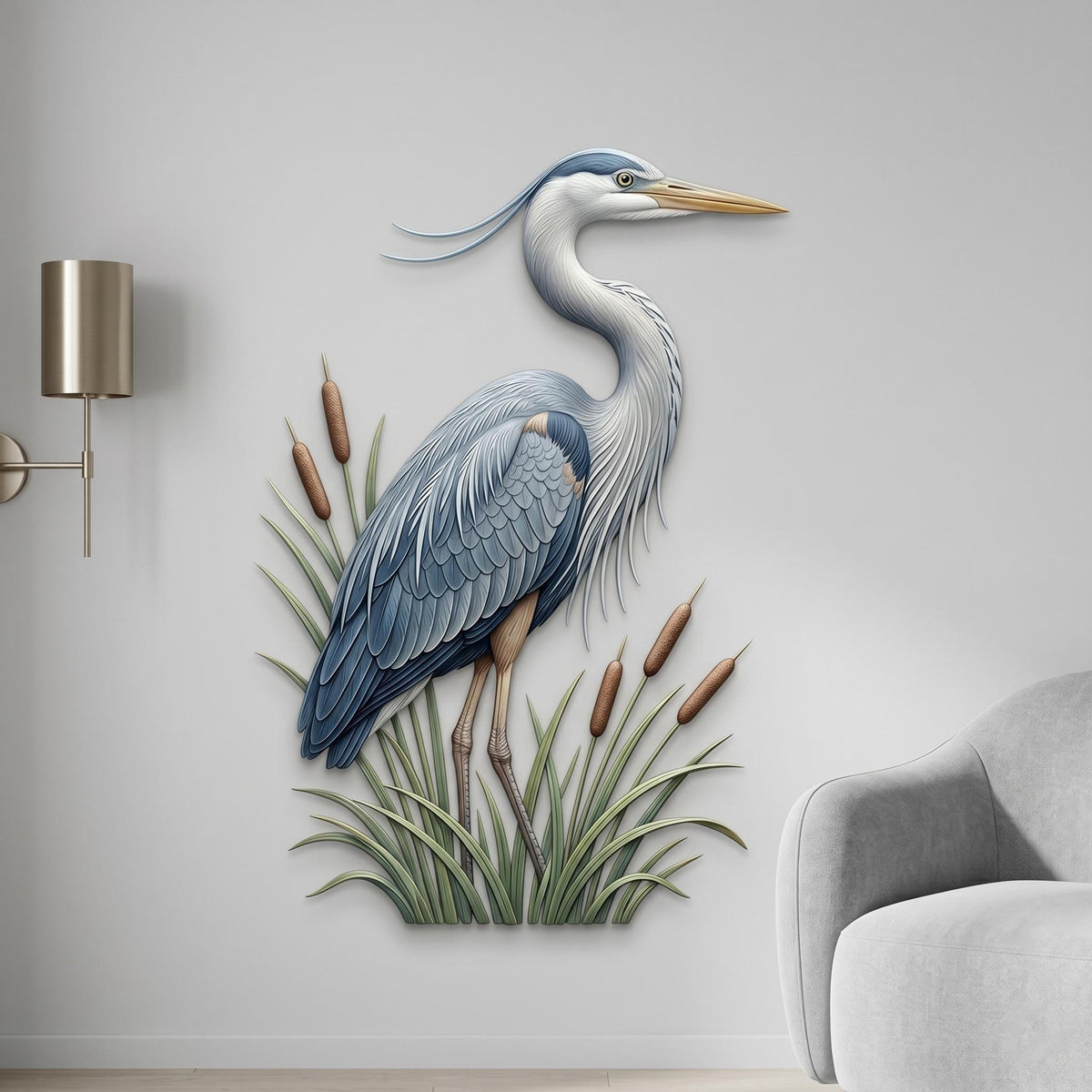 Blue Heron Metal Wall Art – Coastal Cattail Bird Decor, Gift For Beach House Lake Home Or Bird Lover