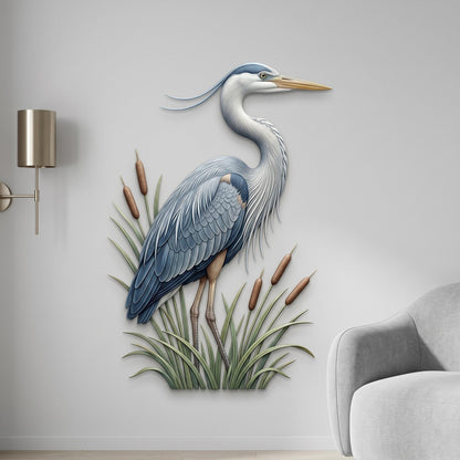 Blue Heron Metal Wall Art – Coastal Cattail Bird Decor, Gift For Beach House Lake Home Or Bird Lover