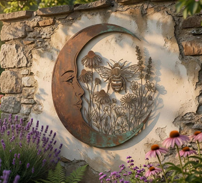 Crescent Moon Bee Metal Wall Art – Rustic Wildflower Garden Sign, Gift For Bee Lovers