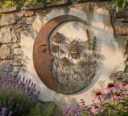 Crescent Moon Bee Metal Wall Art – Rustic Wildflower Garden Sign, Gift For Bee Lovers