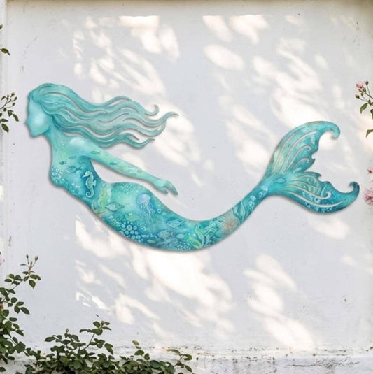 Mermaid Metal Wall Art – Teal Coastal Ocean Sea Life Decor, Housewarming Gift For Beach Lovers