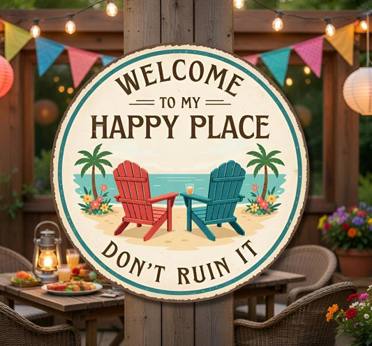 Welcome To My Happy Place Round Metal Sign – Vintage Beach Chair Coastal Decor, Gift For Patio Porch Or Backyard
