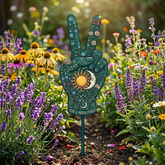Boho Sun And Moon Peace Hand Garden Stake – Celestial Floral Yard Art, Spiritual Hippie Gift