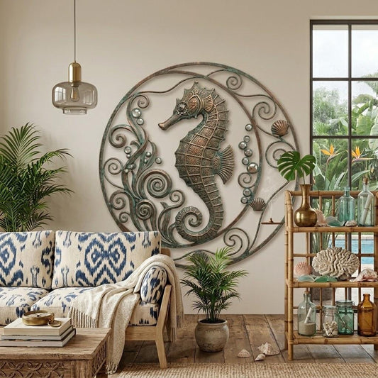Seahorse Metal Wall Art – Rustic Coastal Round Sign, Gift For Beach House