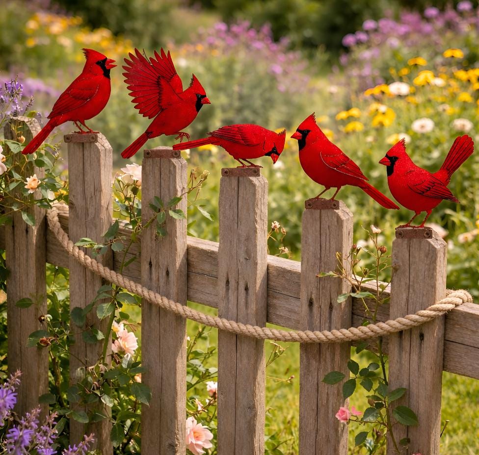 Cardinal Bird Fence Stake Set – Red Metal Garden Yard Ornaments, Gift For Bird Lover