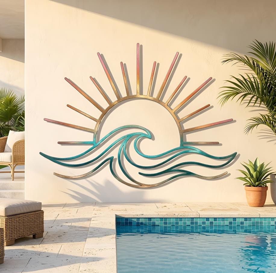 Sun And Waves Metal Wall Art – Coastal Sunset Patio Decor, Gift For Beach Lover